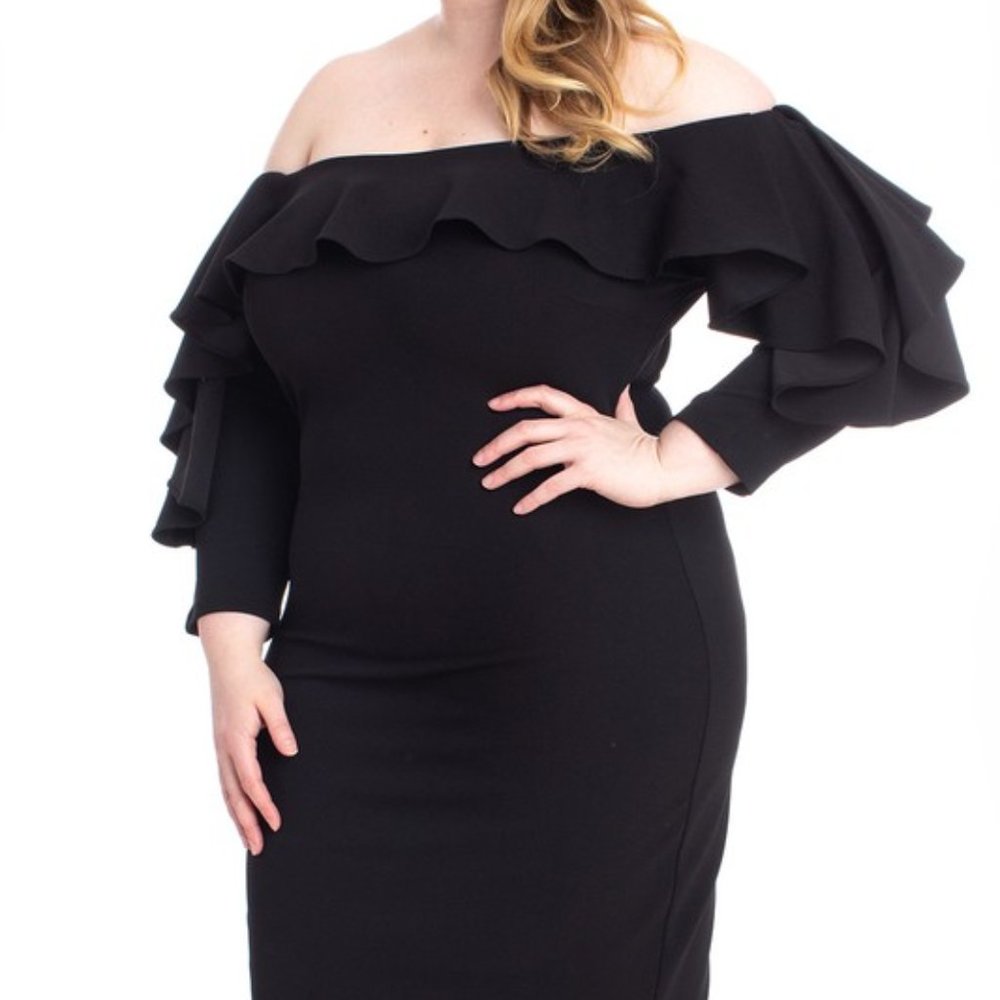 Black Ruffle Off Shoulder Bodycon Dress - Picture 4 of 6